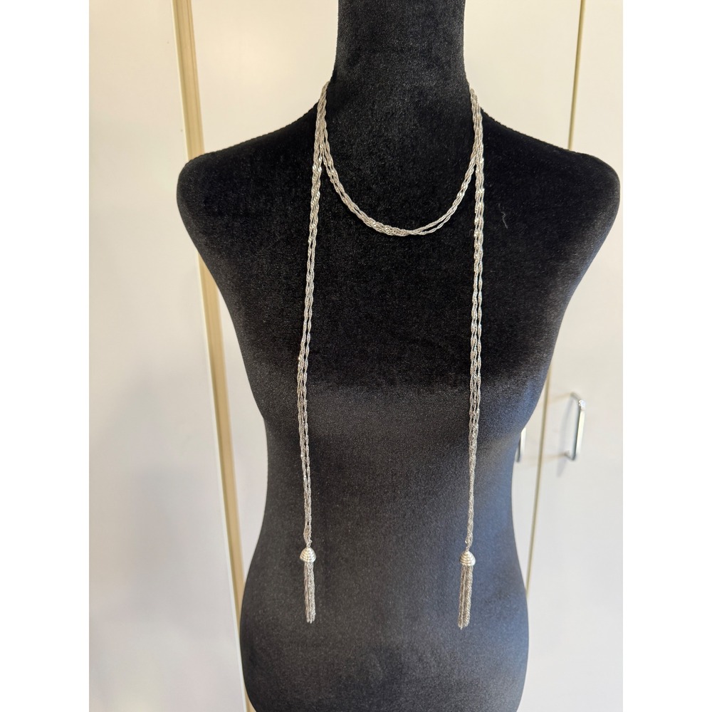 Vintage Silver Tone Multi Strand Rope Chain Lariat Tassel Necklace - Picture 2 of 4